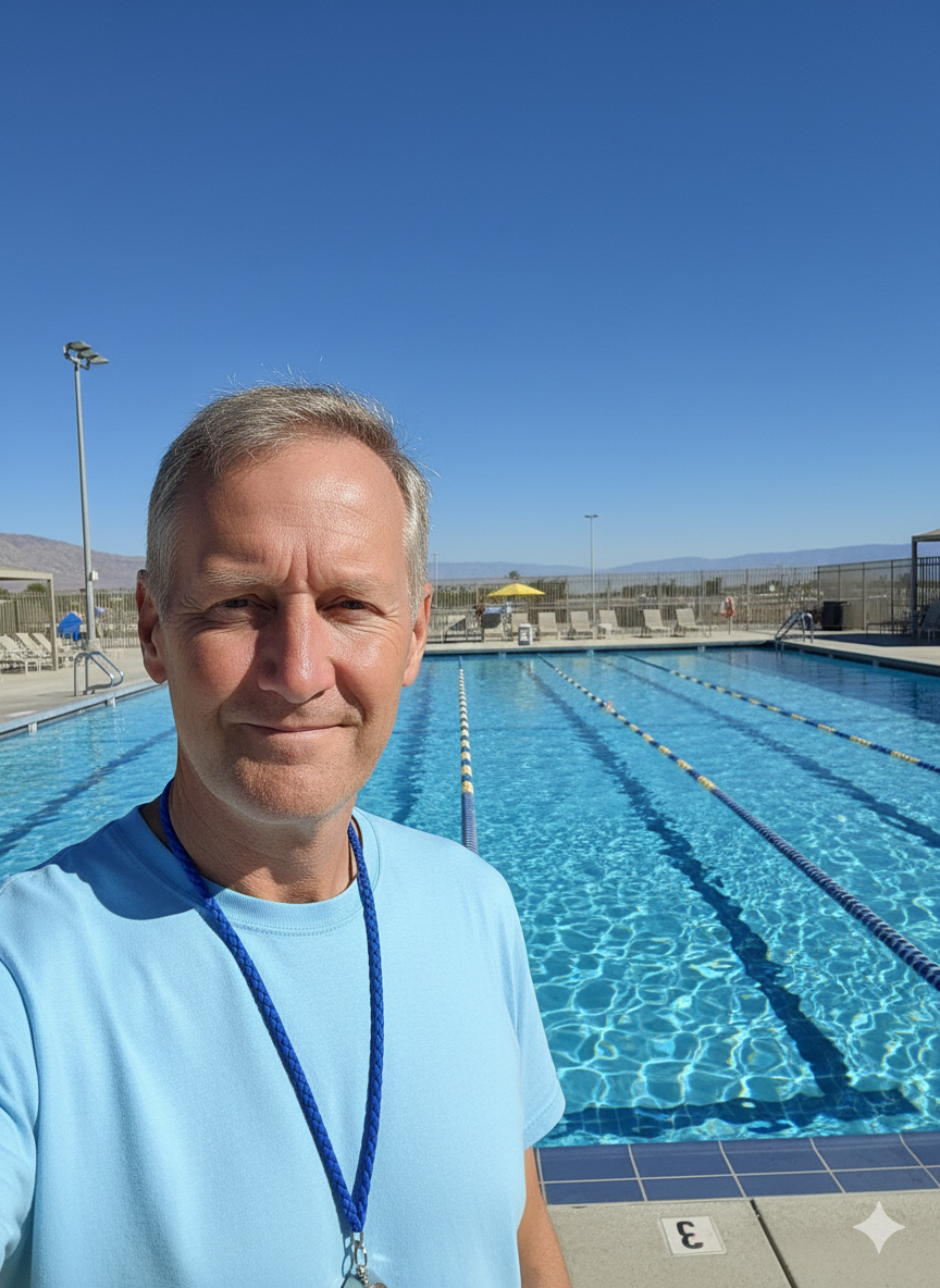Dave Britton, founder of SwimSense AI, taking a selfie at a swimming pool with blue water and lane lines in the background
